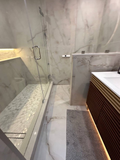 Glass shower and vanity