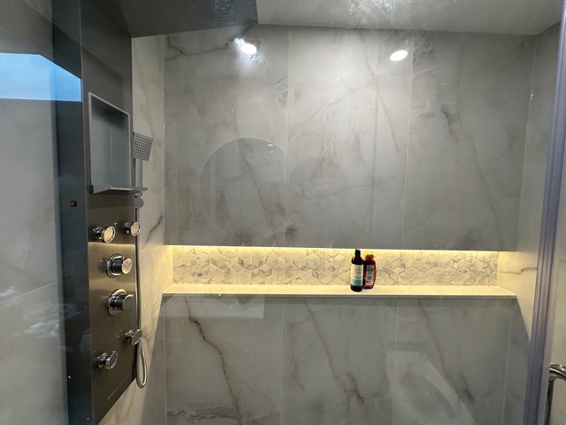 Glass shower with a shower panel and a long lit niche