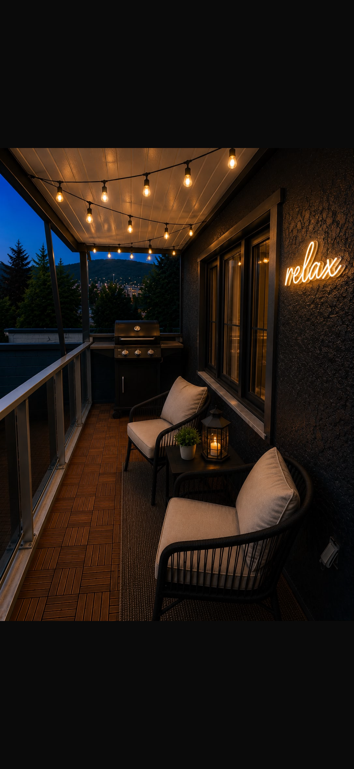 Private balcony with relax neon sign and city views