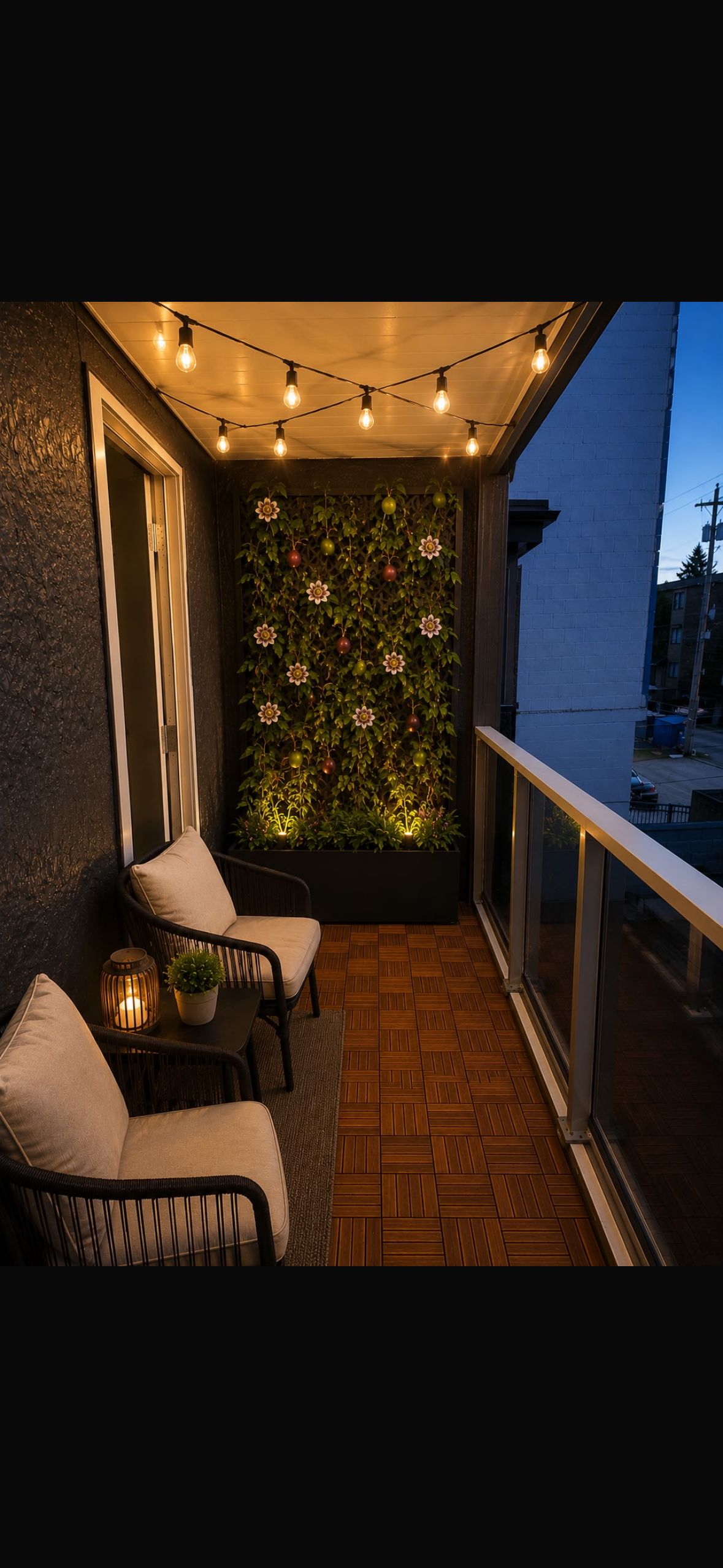 Balcony with string lights and living plant wall