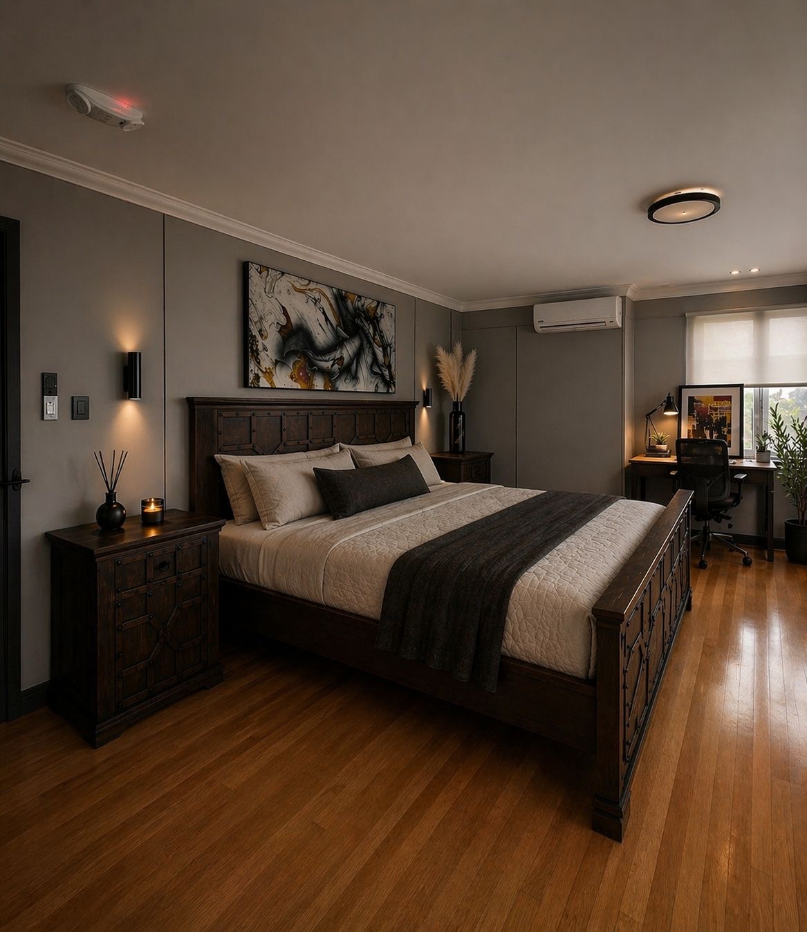 Bedroom 2 with hardwood floors and large artwork