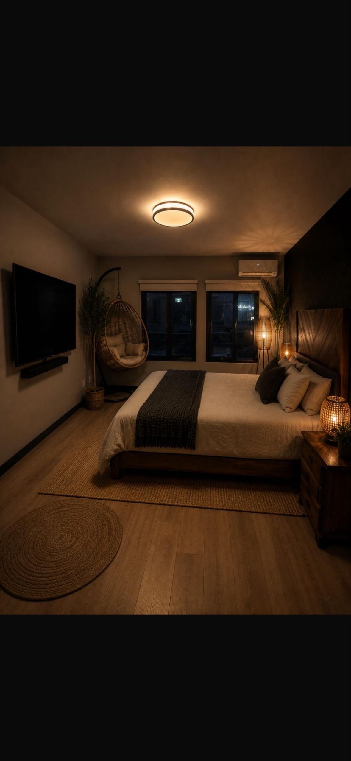 Bedroom with hanging chair and garden view