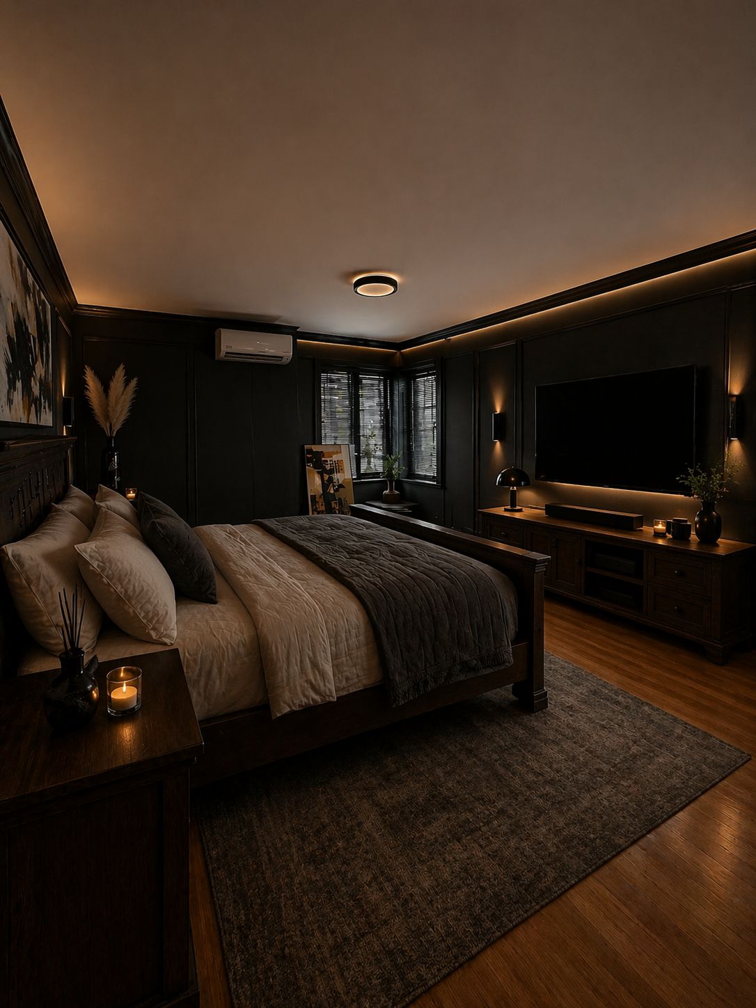 Moody bedroom with TV and ambient lighting