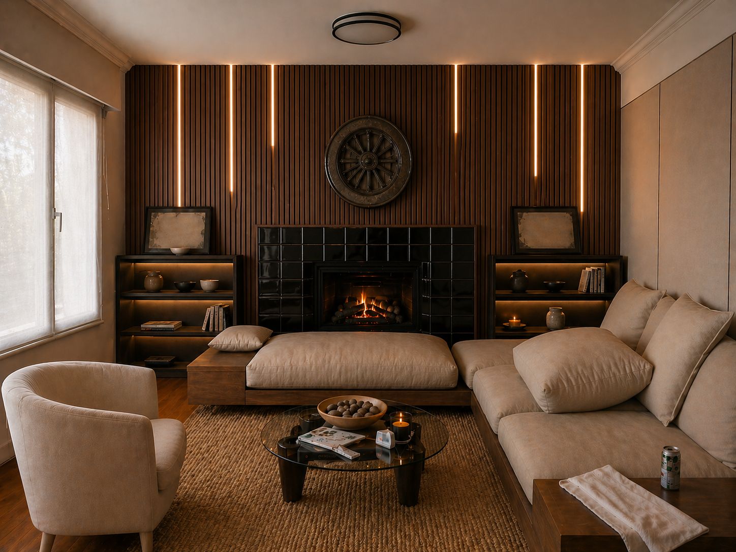 Living room with fireplace and wood slat wall