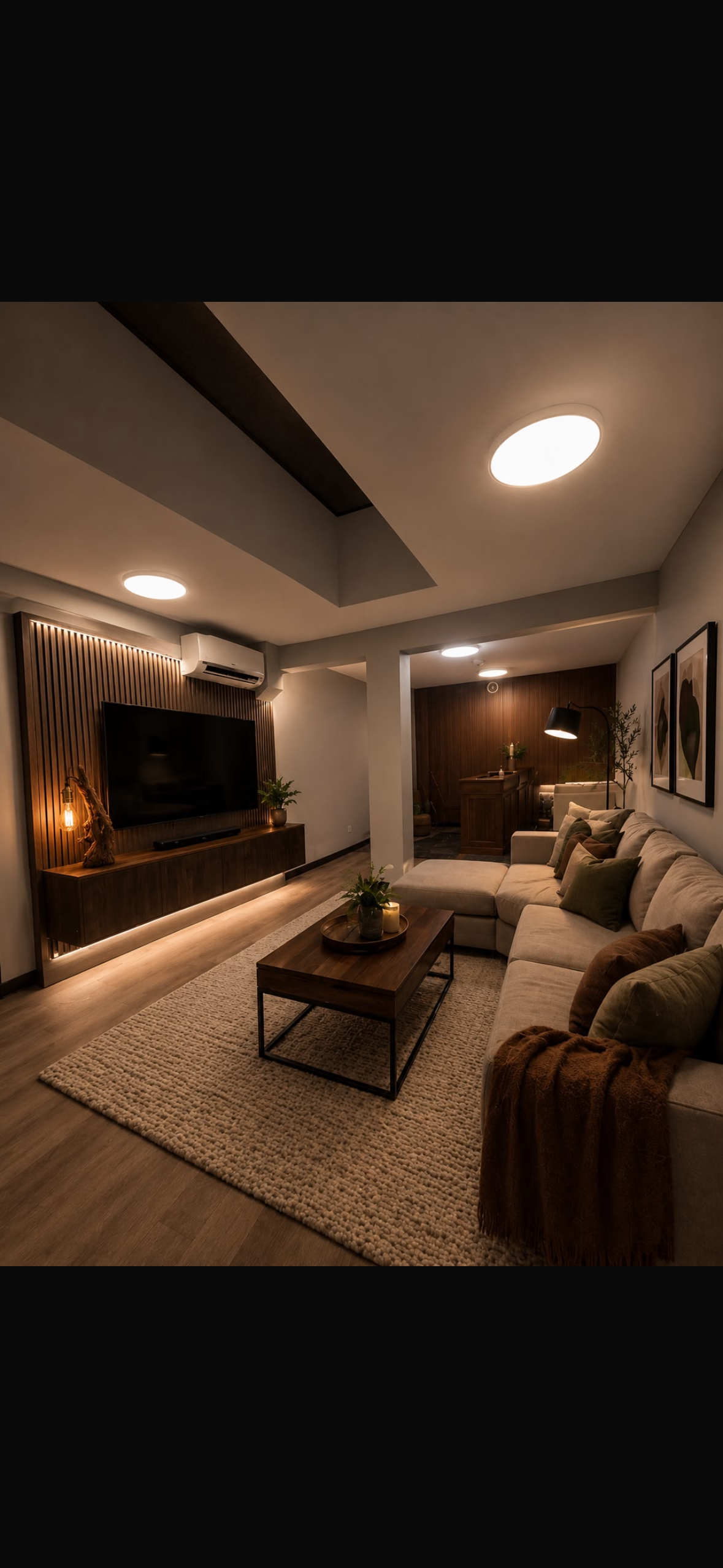 Family room with large screen TV and sectional sofa